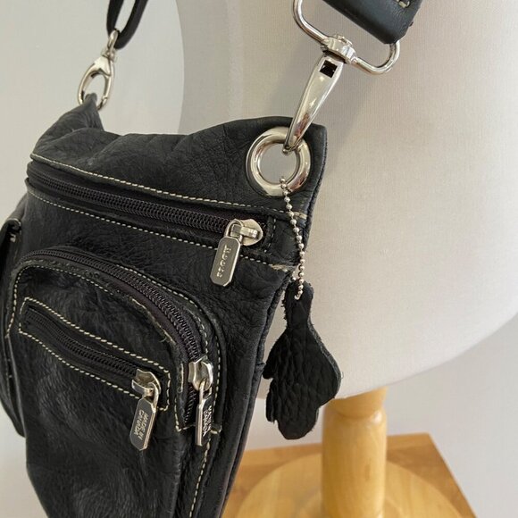 Roots 73 Black Pebble Leather Crossbody Bag Adjustable Strap & Multiple Pockets - Picture 5 of 14